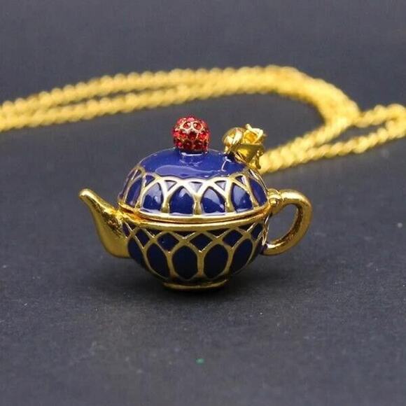 Unbranded Jewelry - Cobalt Blue Enamel Painted Teapot Tea Pot Charm Pendant Yellow Gold-Tone